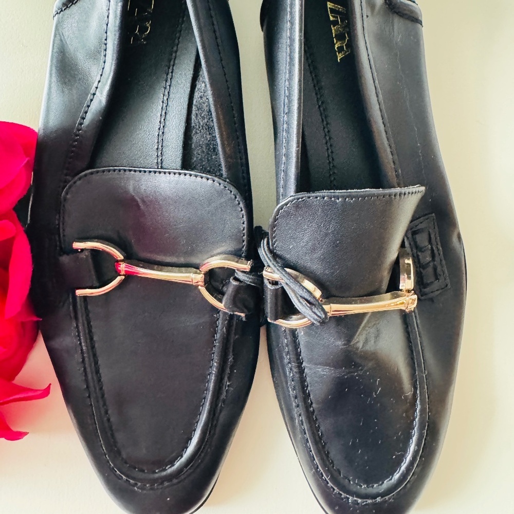 Genuine  leather Zara ✅ black flat shoe loafers gold buckle